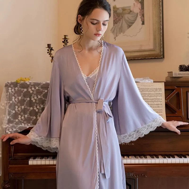 2pcs Lace Satin Dress & Belted Robe