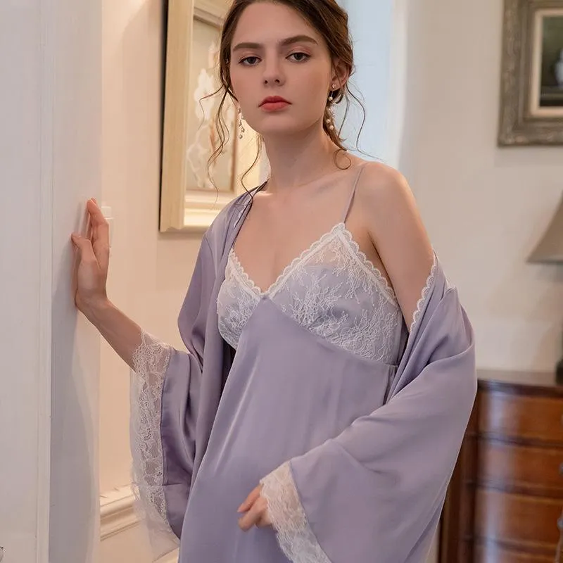 2pcs Lace Satin Dress & Belted Robe