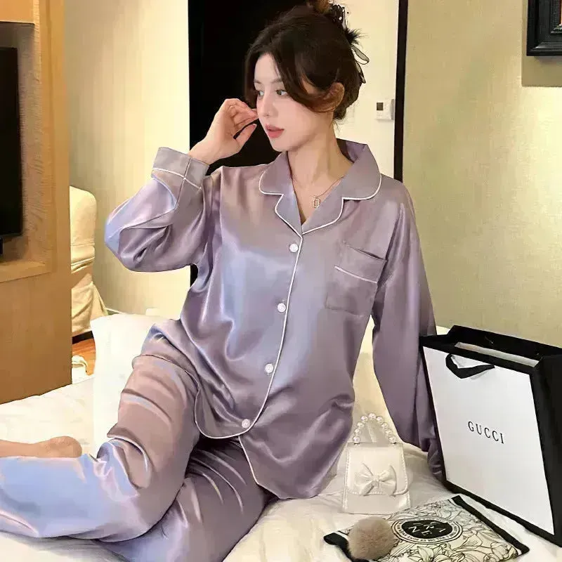2pcs Long sleeve Silk Pajamas for women