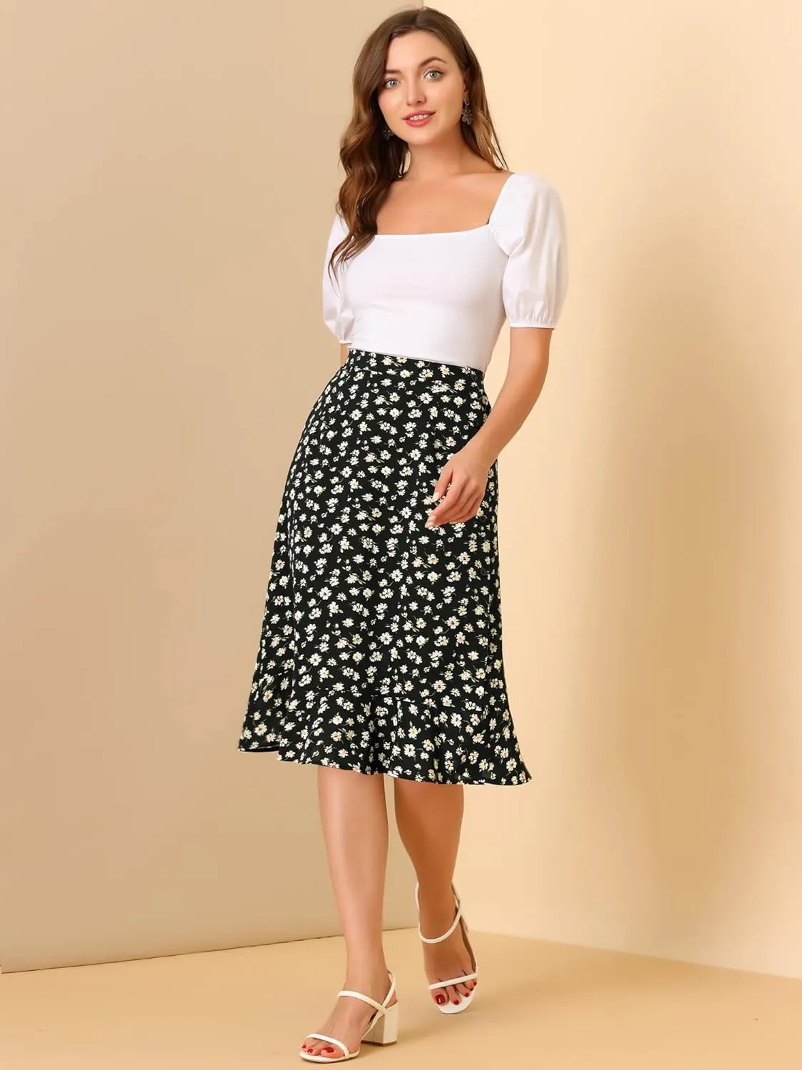 Allegra K Women's Floral Midi Skirts Summer Ruffle High Waist Flowy A-Line Split Knee Length Skirt