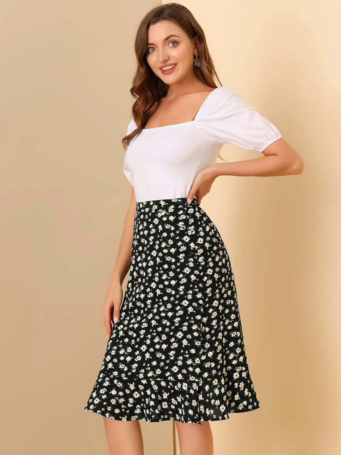 Allegra K Women's Floral Midi Skirts Summer Ruffle High Waist Flowy A-Line Split Knee Length Skirt