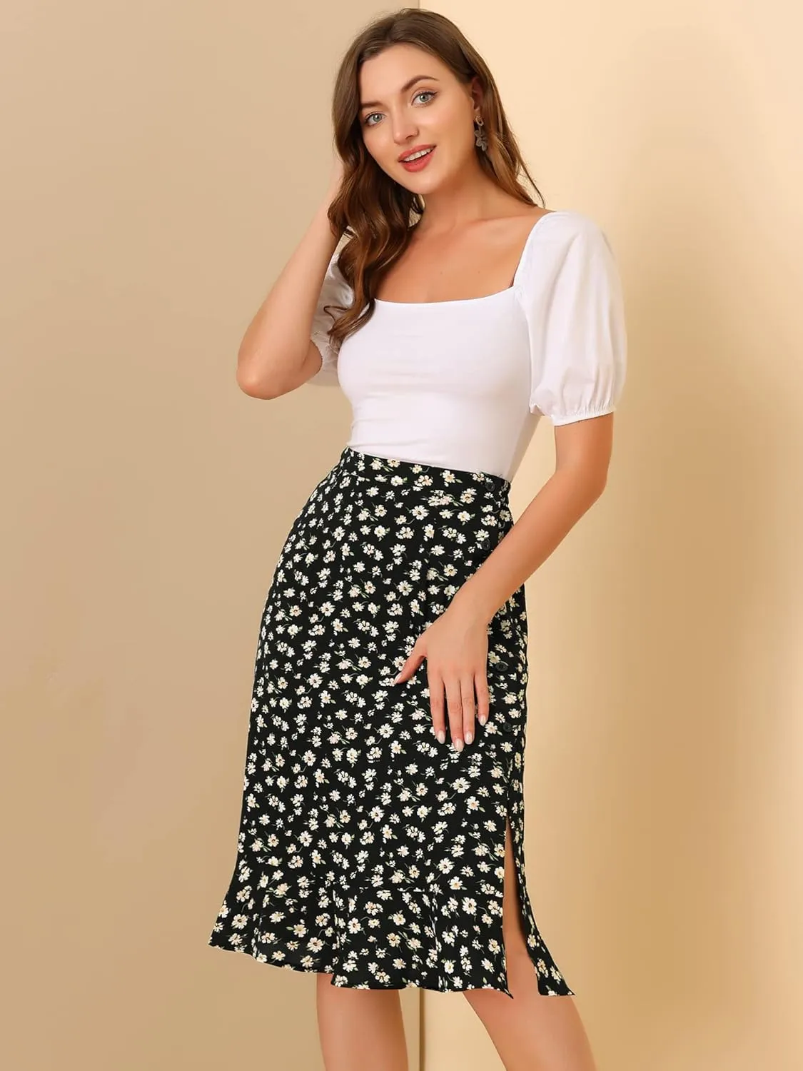 Allegra K Women's Floral Midi Skirts Summer Ruffle High Waist Flowy A-Line Split Knee Length Skirt