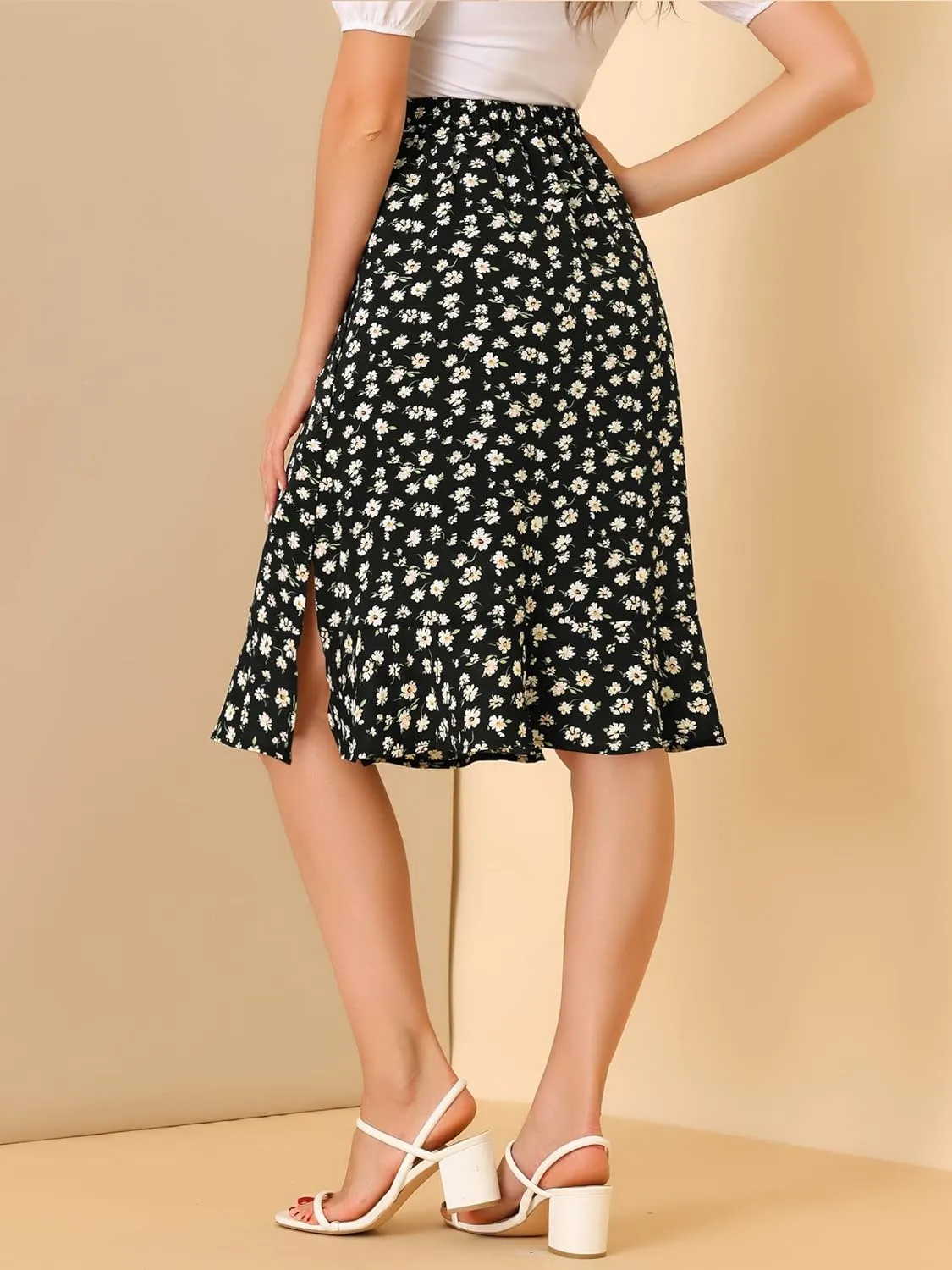 Allegra K Women's Floral Midi Skirts Summer Ruffle High Waist Flowy A-Line Split Knee Length Skirt