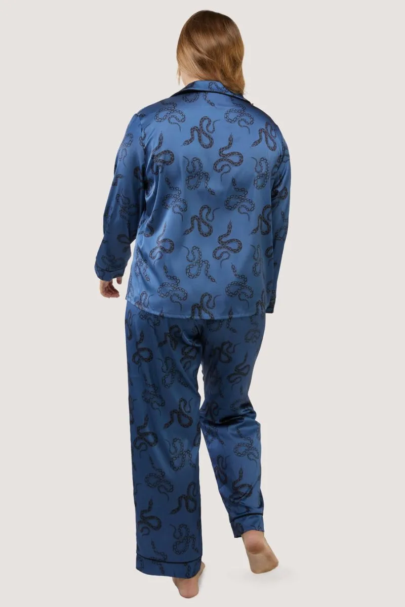 Blue Satin Snake Print Long Sleeve Pajama Set WWL918/919