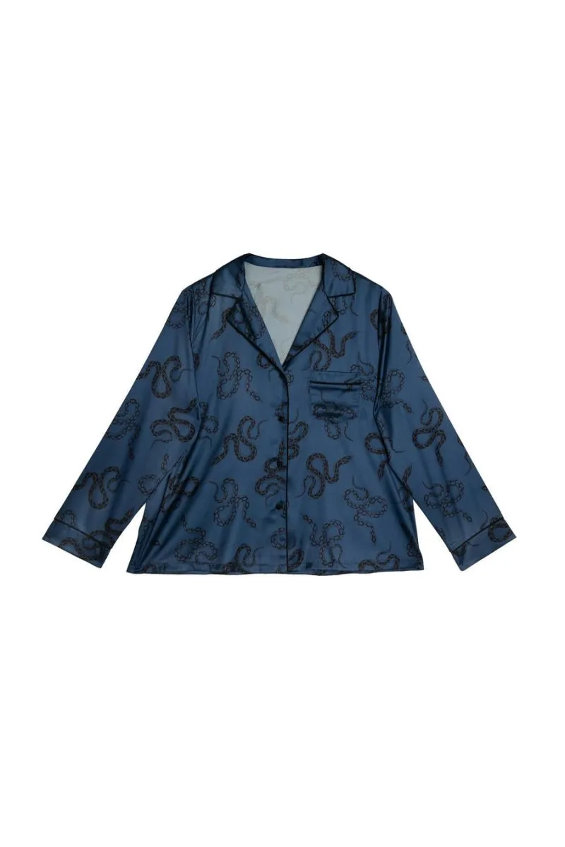 Blue Satin Snake Print Long Sleeve Pajama Set WWL918/919