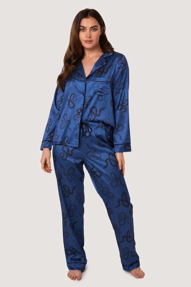 Blue Satin Snake Print Long Sleeve Pajama Set WWL918/919