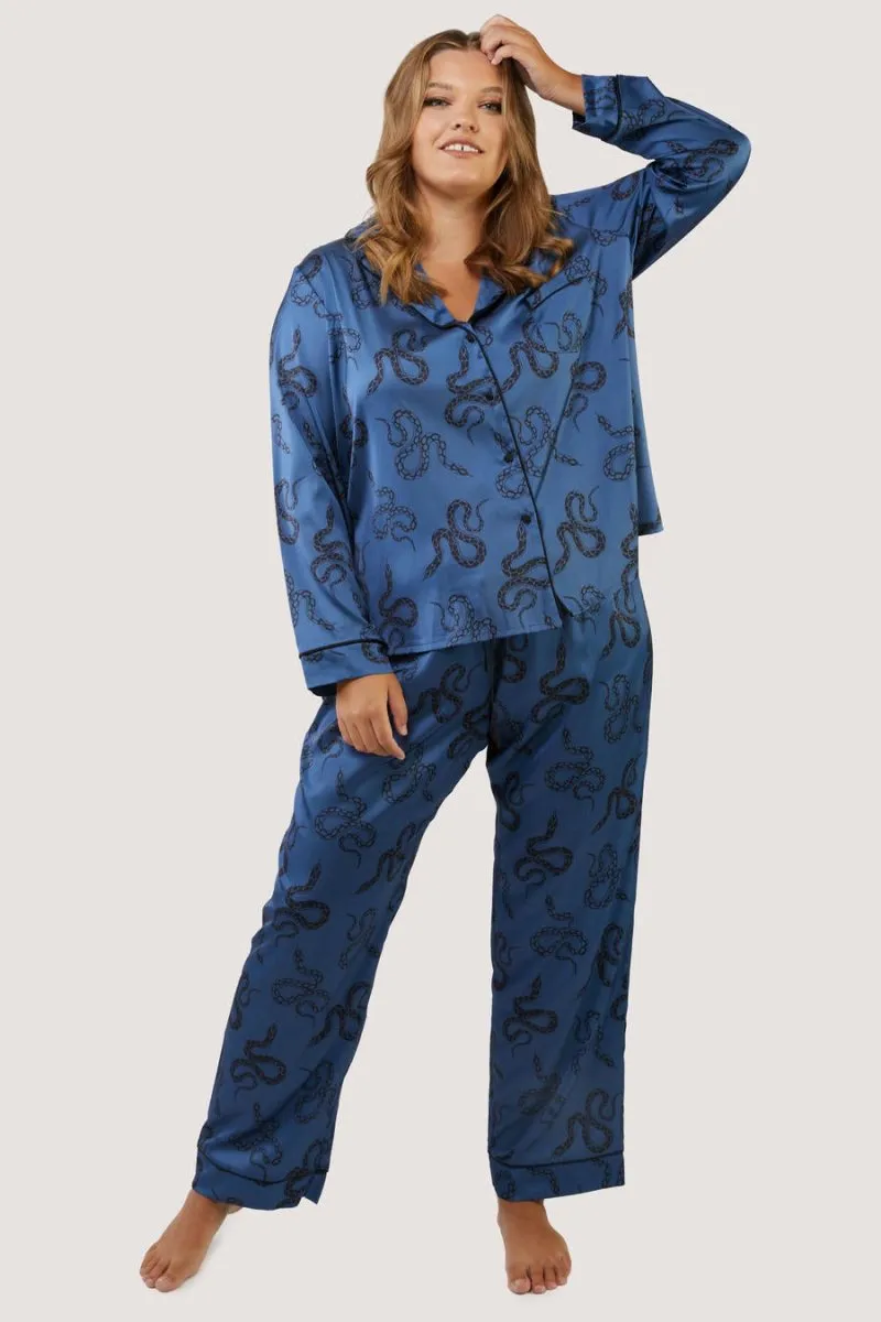 Blue Satin Snake Print Long Sleeve Pajama Set WWL918/919