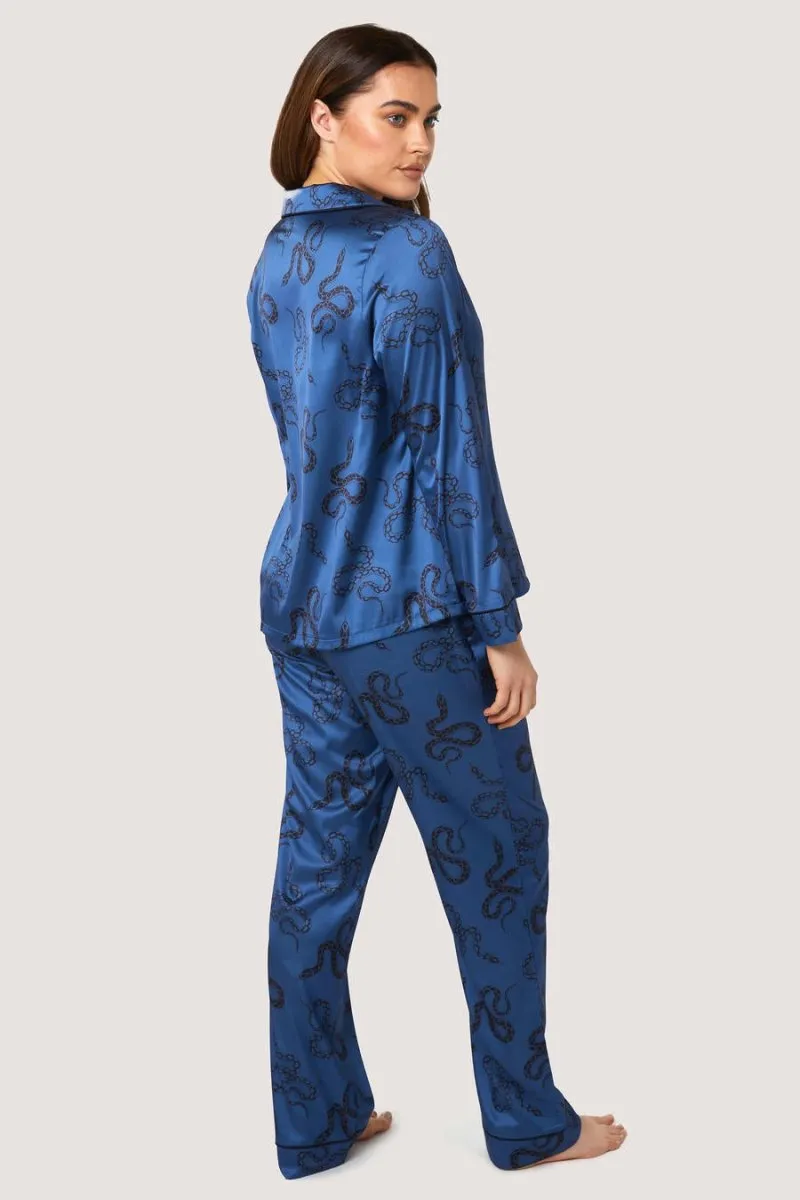 Blue Satin Snake Print Long Sleeve Pajama Set WWL918/919