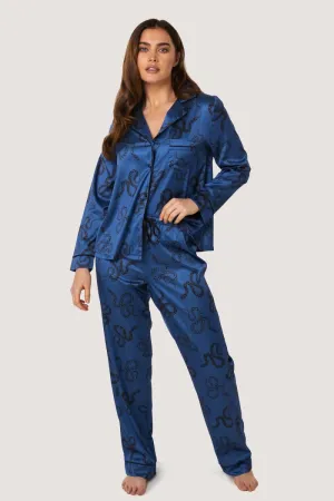 Blue Satin Snake Print Long Sleeve Pajama Set WWL918/919