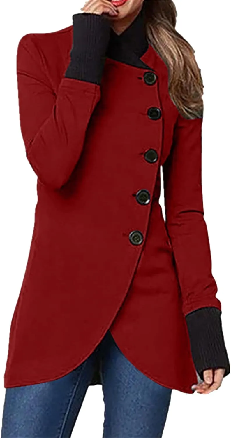 BOFETA Women's Winter Solid Color Long Sleeve Pea Coats Single Breasted Casual Irregular Hem Slim Trench Coats