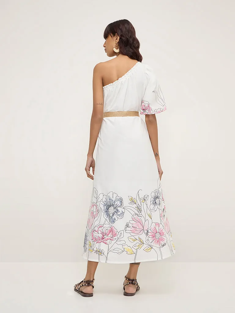 Bombay Paisley White Floral Print One-Shoulder Cotton Dress