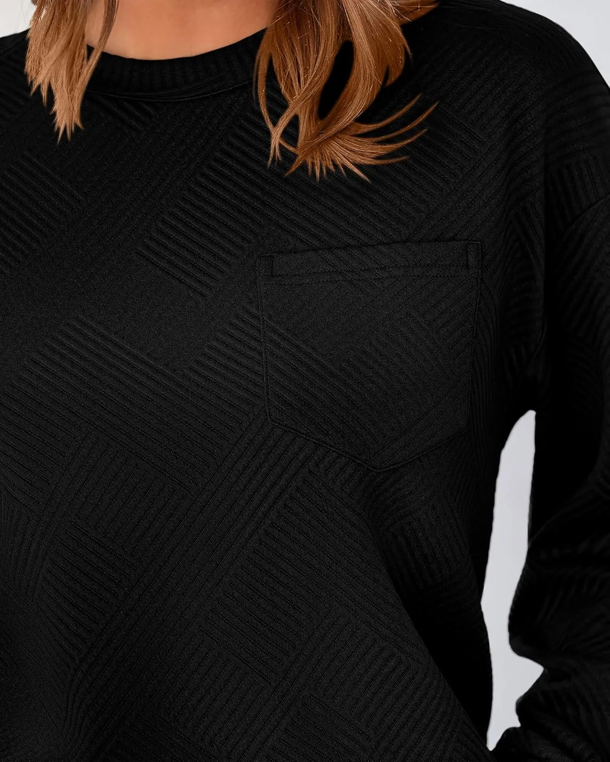 BTFBM Women's Casual Textured Sweatshirts 2024 Fall Winter Long Sleeve Drop Shoulder Crew Neck Pullover Tops with Pocket