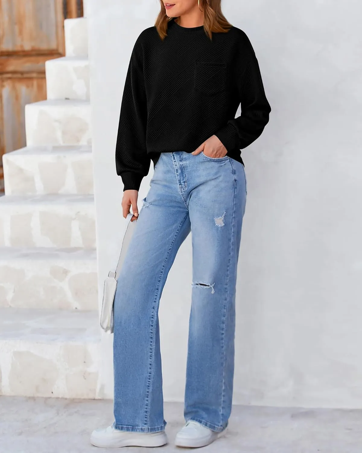 BTFBM Women's Casual Textured Sweatshirts 2024 Fall Winter Long Sleeve Drop Shoulder Crew Neck Pullover Tops with Pocket