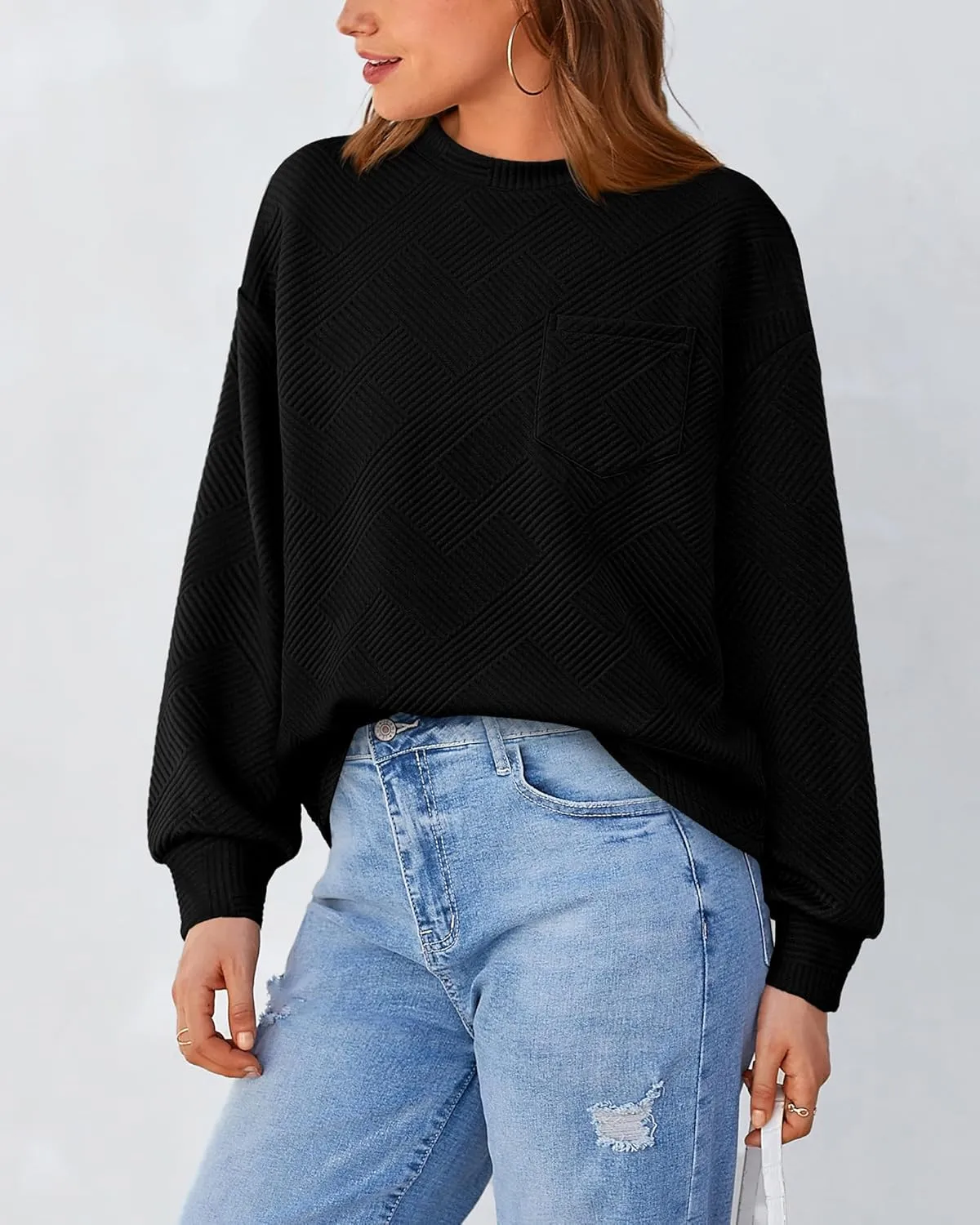 BTFBM Women's Casual Textured Sweatshirts 2024 Fall Winter Long Sleeve Drop Shoulder Crew Neck Pullover Tops with Pocket
