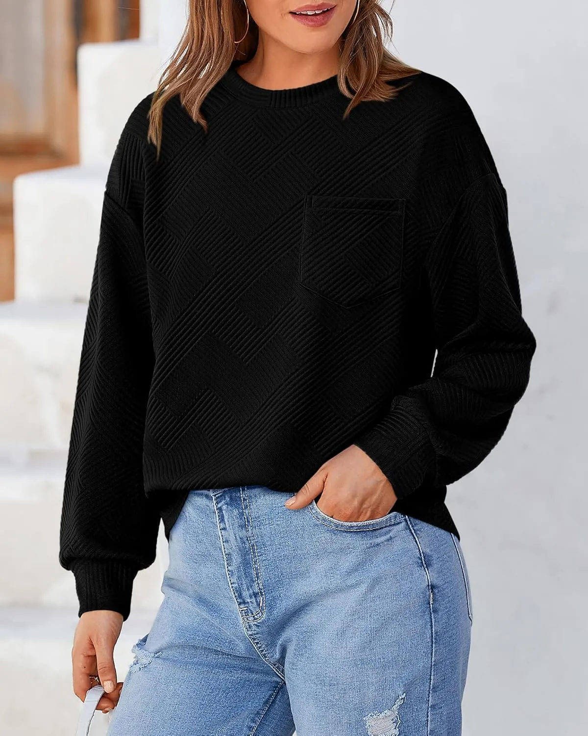 BTFBM Women's Casual Textured Sweatshirts 2024 Fall Winter Long Sleeve Drop Shoulder Crew Neck Pullover Tops with Pocket