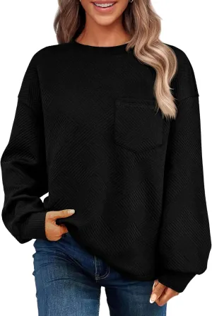 BTFBM Women's Casual Textured Sweatshirts 2024 Fall Winter Long Sleeve Drop Shoulder Crew Neck Pullover Tops with Pocket