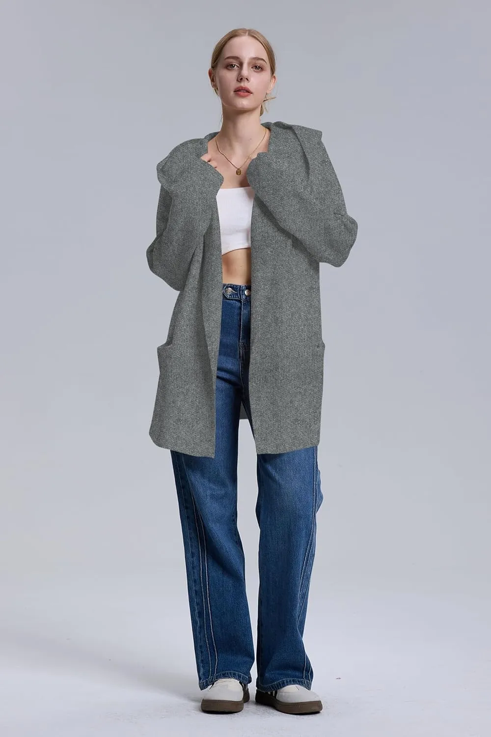 Cakulo Womens Long Hooded Cardigan Sweaters Oversized Fall Cardigans 2025 Open Front Knit Sweater Coats Pockets