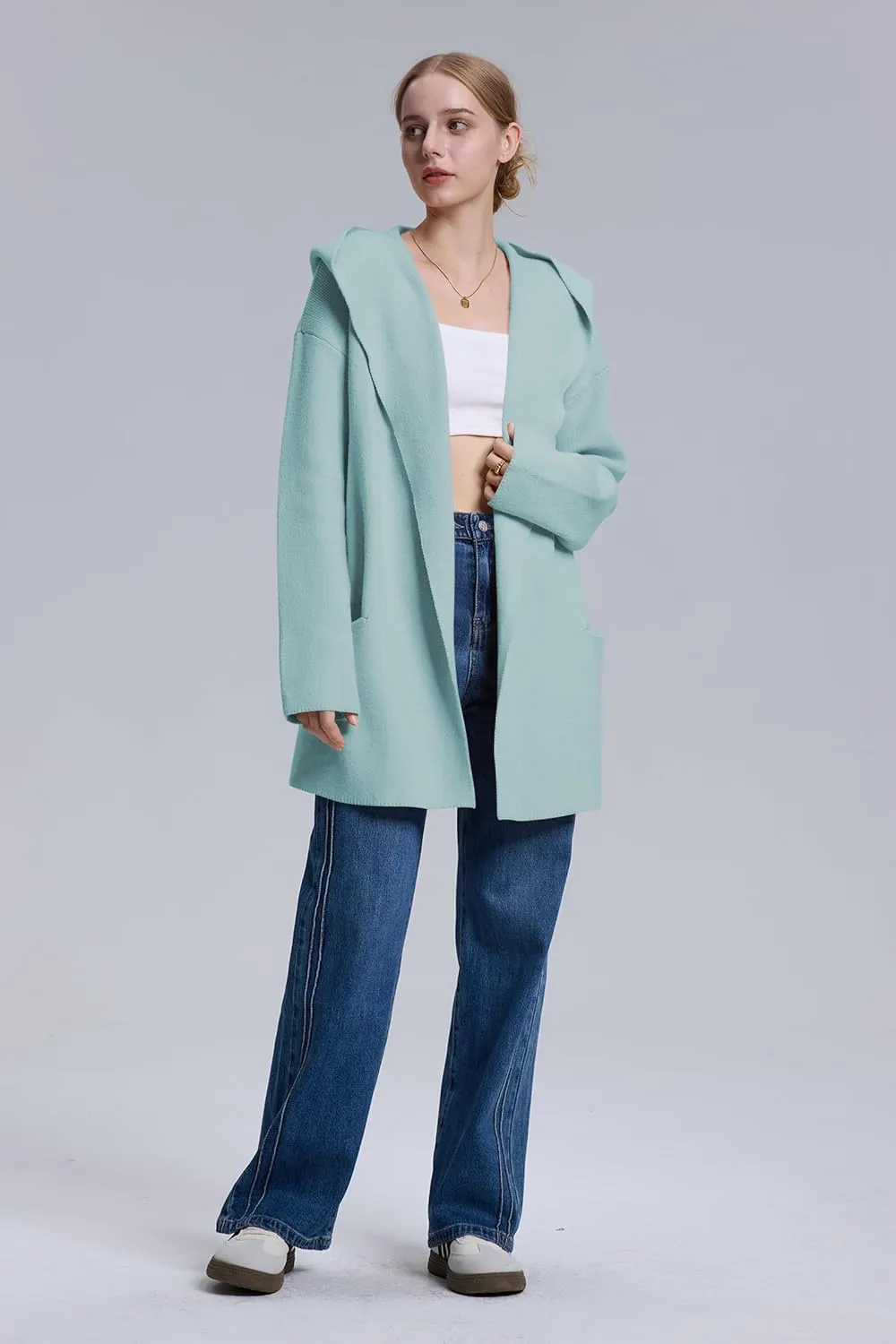 Cakulo Womens Long Hooded Cardigan Sweaters Oversized Fall Cardigans 2025 Open Front Knit Sweater Coats Pockets