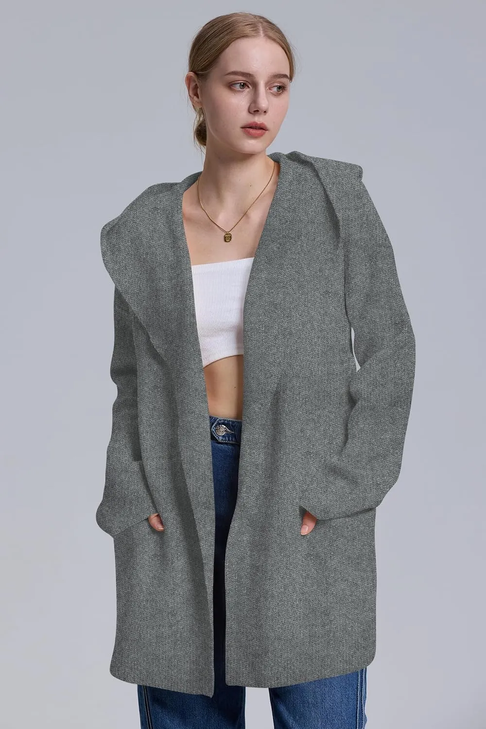 Cakulo Womens Long Hooded Cardigan Sweaters Oversized Fall Cardigans 2025 Open Front Knit Sweater Coats Pockets