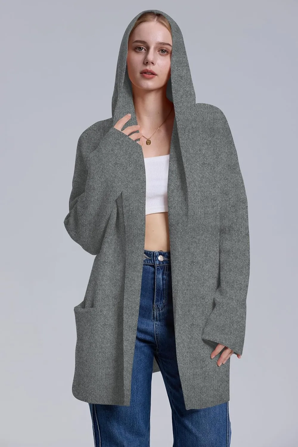 Cakulo Womens Long Hooded Cardigan Sweaters Oversized Fall Cardigans 2025 Open Front Knit Sweater Coats Pockets