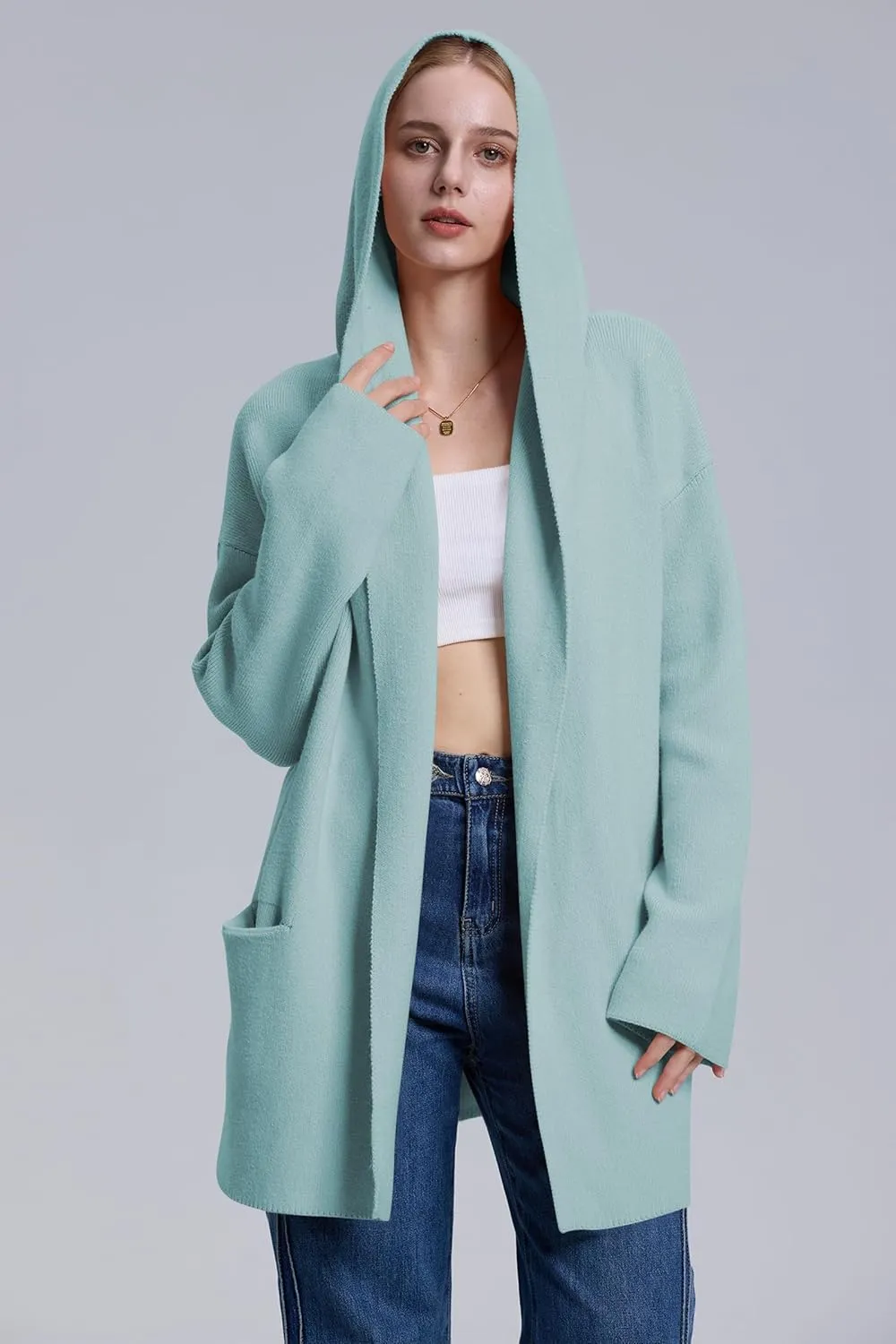Cakulo Womens Long Hooded Cardigan Sweaters Oversized Fall Cardigans 2025 Open Front Knit Sweater Coats Pockets