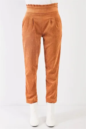 Caramel Corduroy Frill Hem High Waist Ovoid Pleat Peg Legged Crop Pants /3-2-1