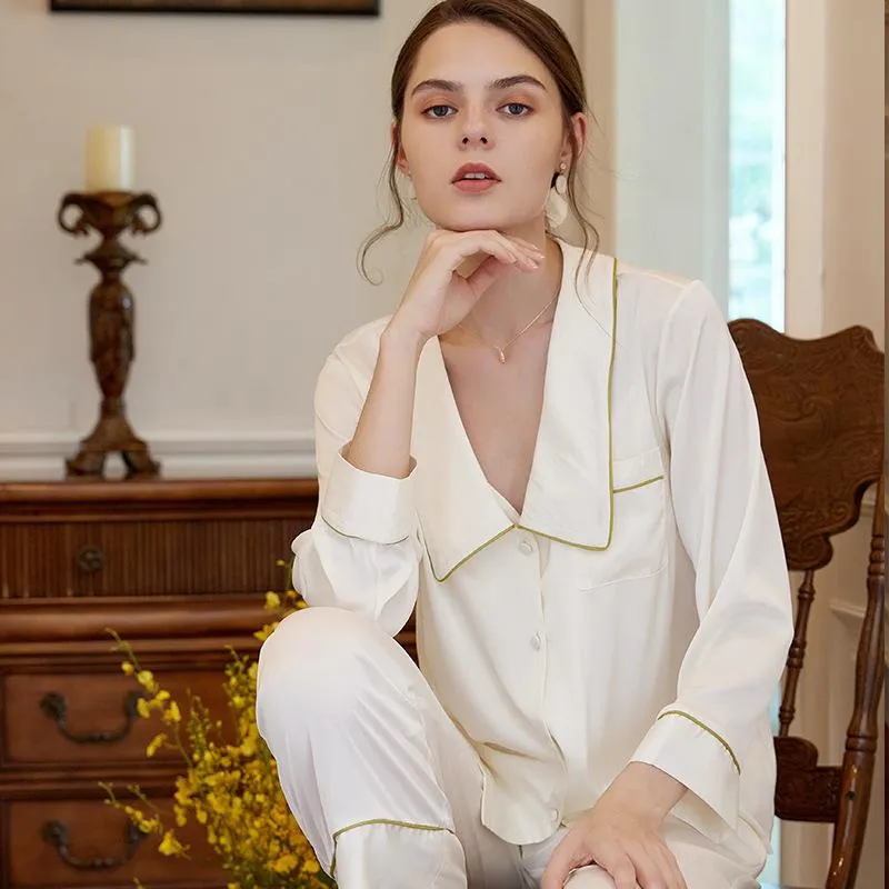 Contrast Binding Trim Satin Blouse and Pants PJ Set