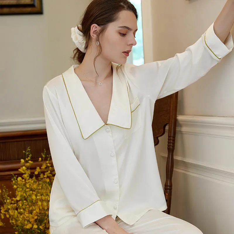 Contrast Binding Trim Satin Blouse and Pants PJ Set