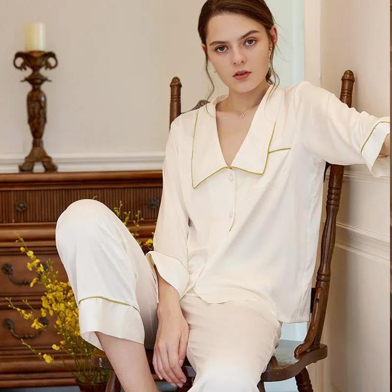 Contrast Binding Trim Satin Blouse and Pants PJ Set