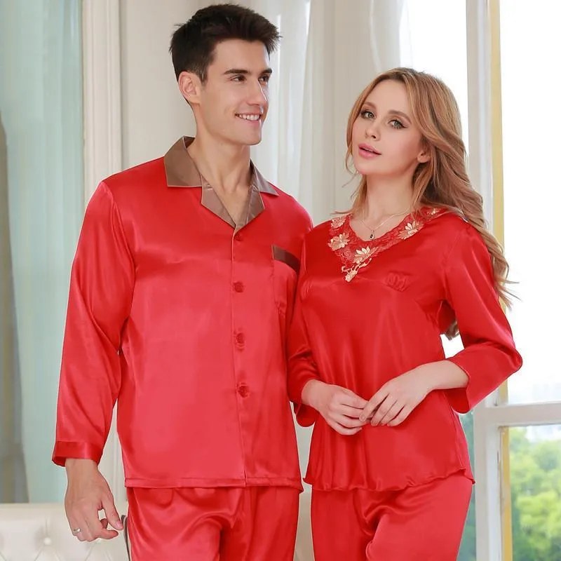 Contrast Lace Detail Women Satin Pajamas Set