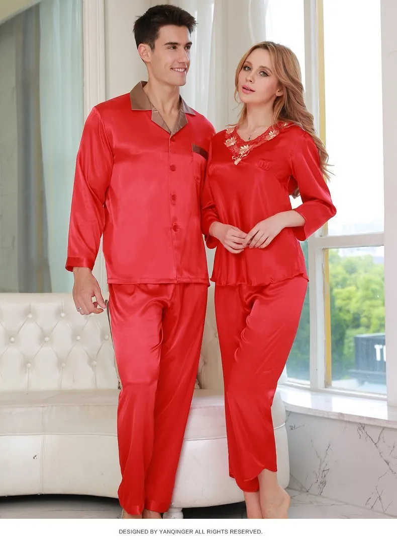 Contrast Lace Detail Women Satin Pajamas Set