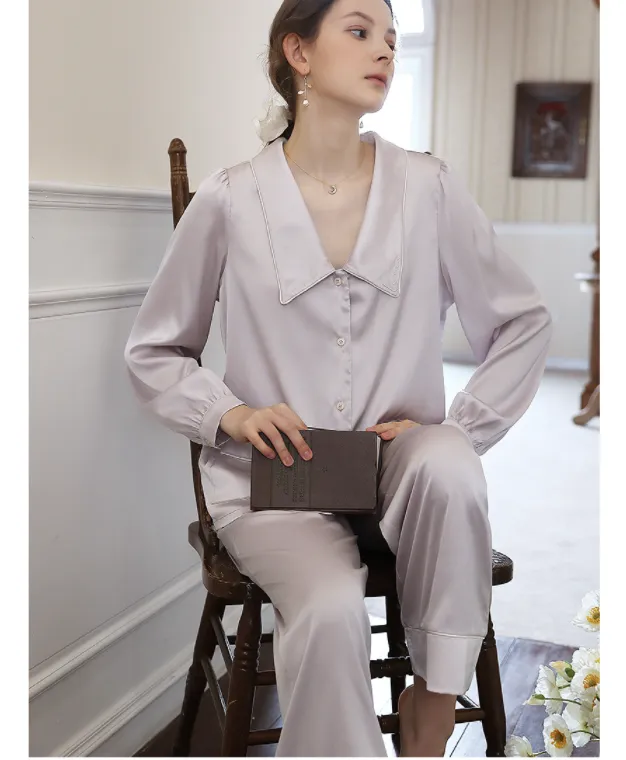 Contrast Piping Satin Blouse & Pants PJ Set