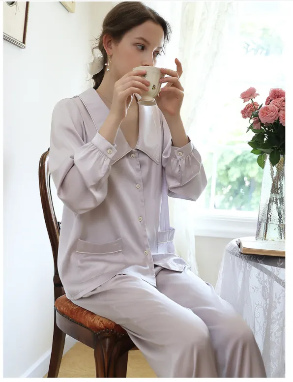 Contrast Piping Satin Blouse & Pants PJ Set