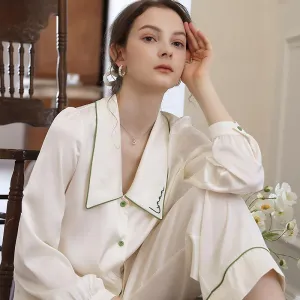 Contrast Piping Satin Blouse & Pants PJ Set
