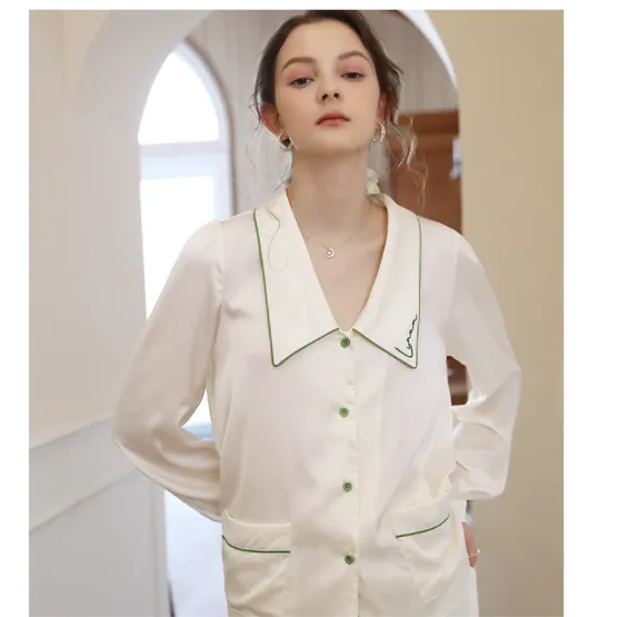 Contrast Piping Satin Blouse & Pants PJ Set