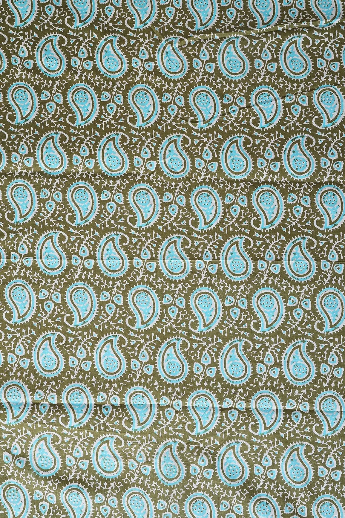 Dark Olive And Sky Blue Paisley Pattern Print On Pure Cotton Fabric