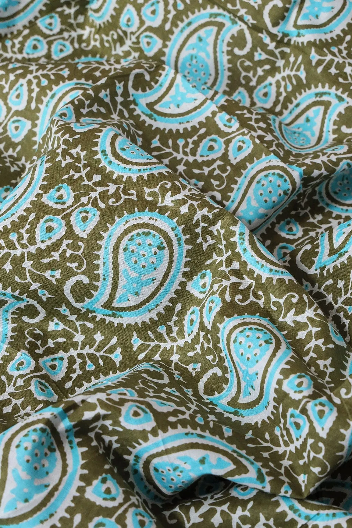 Dark Olive And Sky Blue Paisley Pattern Print On Pure Cotton Fabric