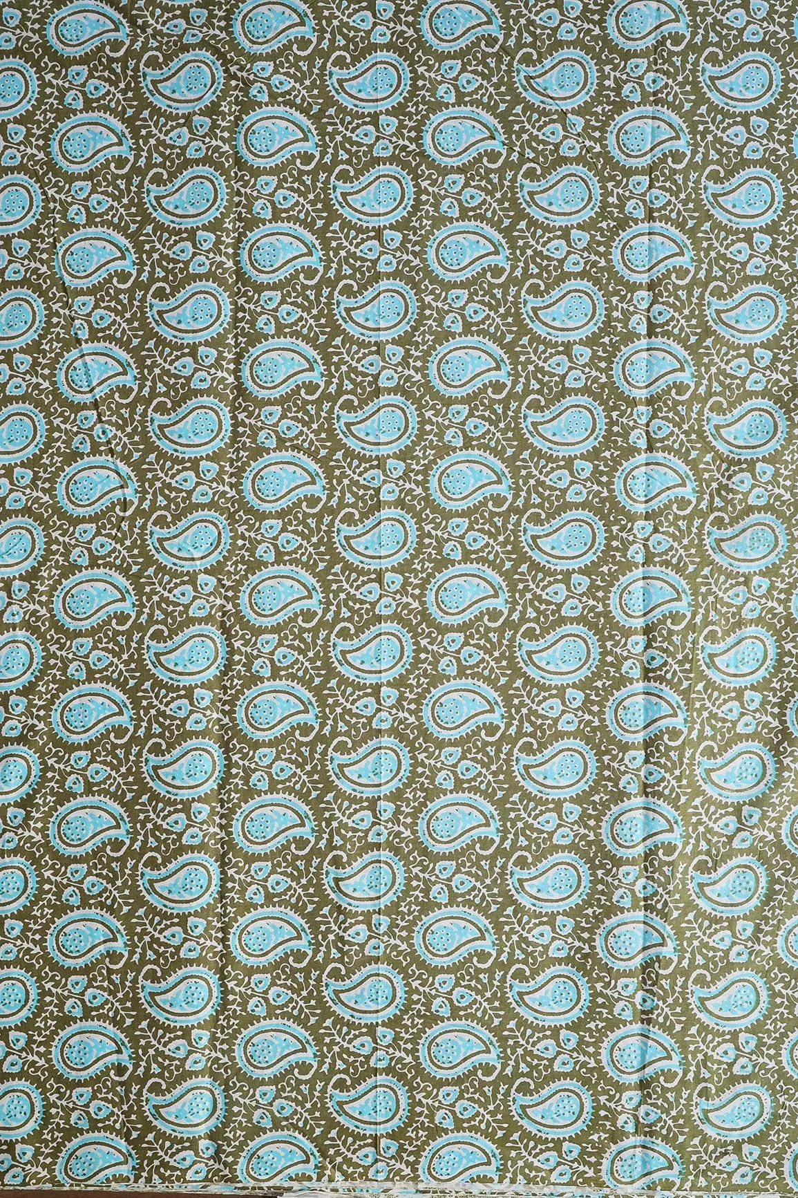 Dark Olive And Sky Blue Paisley Pattern Print On Pure Cotton Fabric