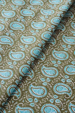 Dark Olive And Sky Blue Paisley Pattern Print On Pure Cotton Fabric
