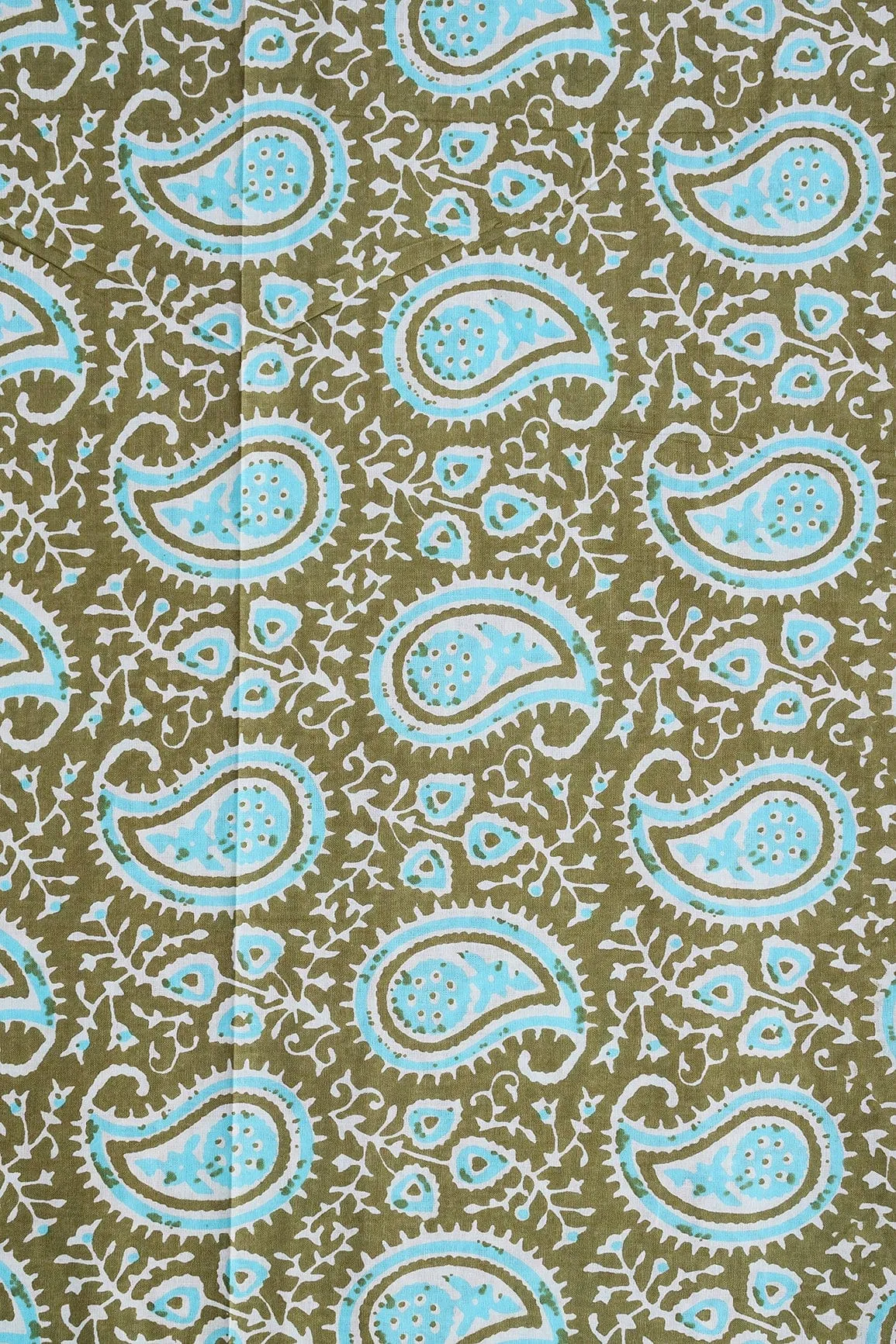 Dark Olive And Sky Blue Paisley Pattern Print On Pure Cotton Fabric