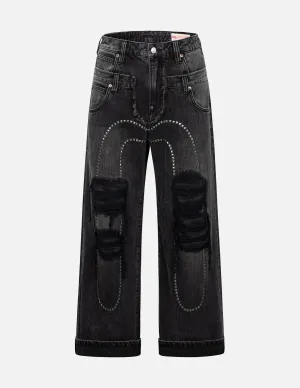 Distressed Studded Daicock and Fair Isle Snowflake Printed Pocket Fashion Fit Jeans