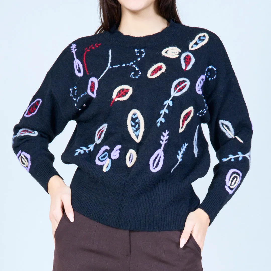 Embroidered floral knit sweater wholesale