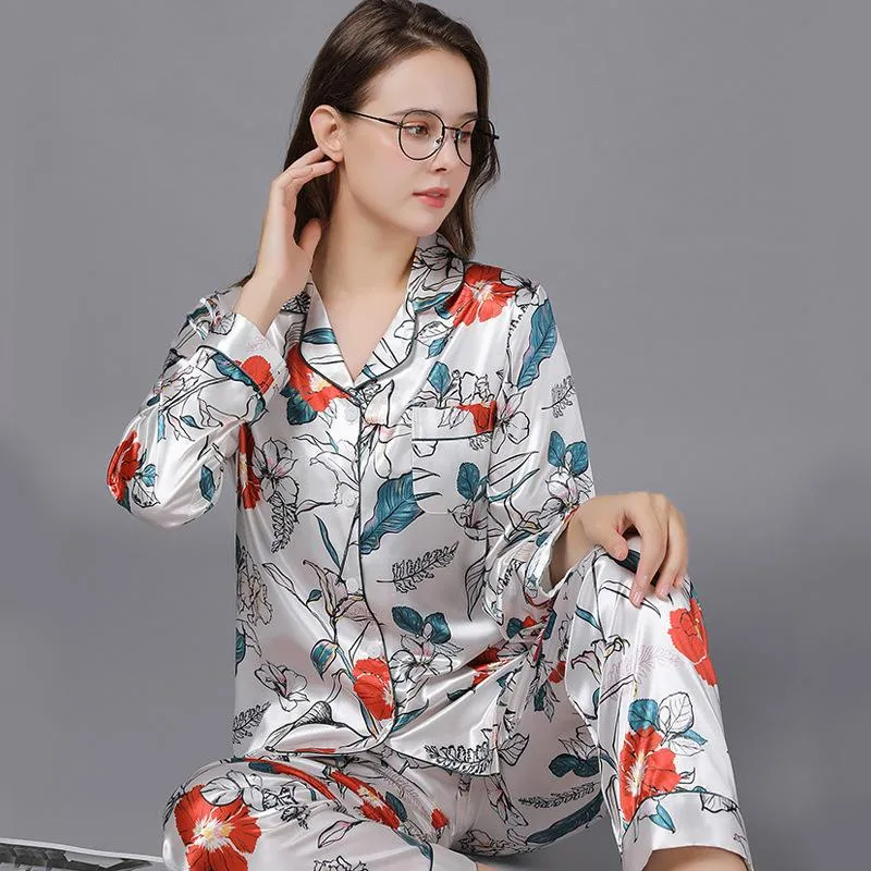 Floral Print Lapel Collar Satin Pajamas Set
