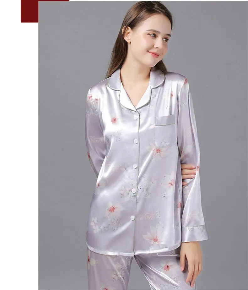 Floral Print Lapel Collar Satin Pajamas Set
