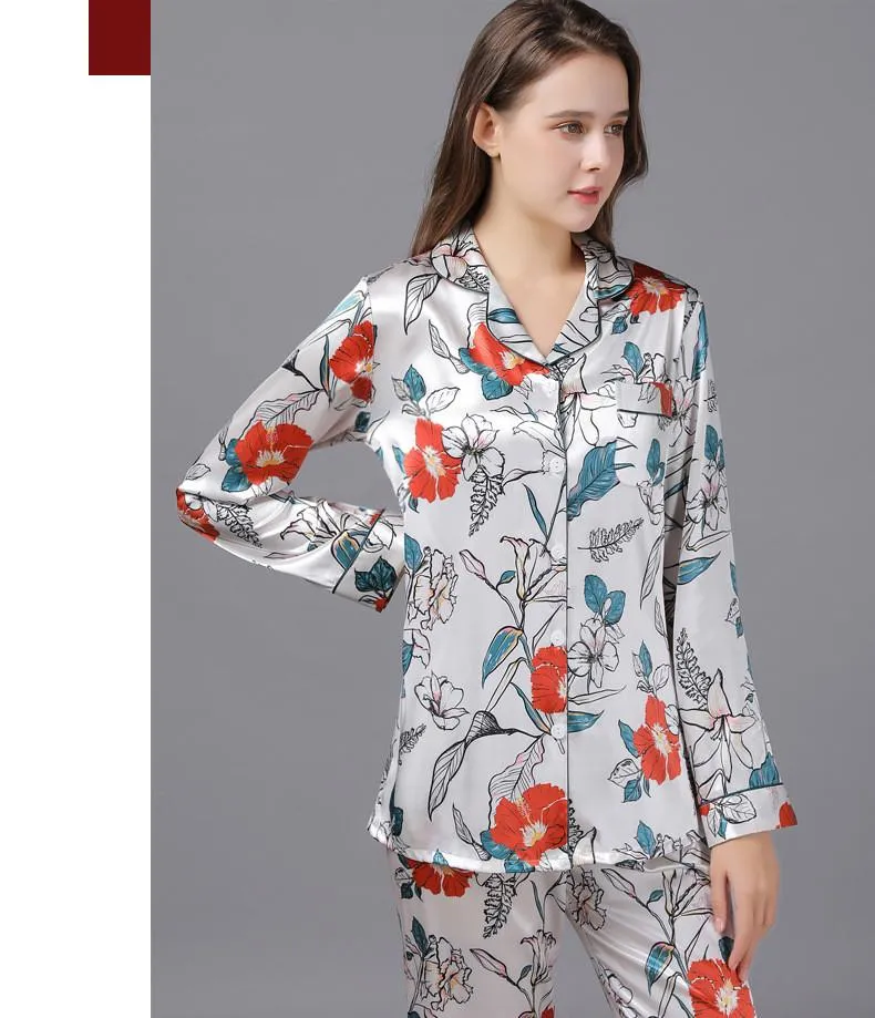 Floral Print Lapel Collar Satin Pajamas Set