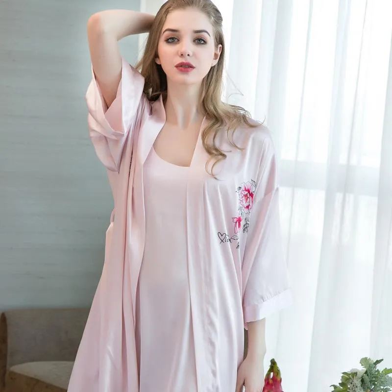 Floral Print Satin Slip Dress & Belted Sleep Robe