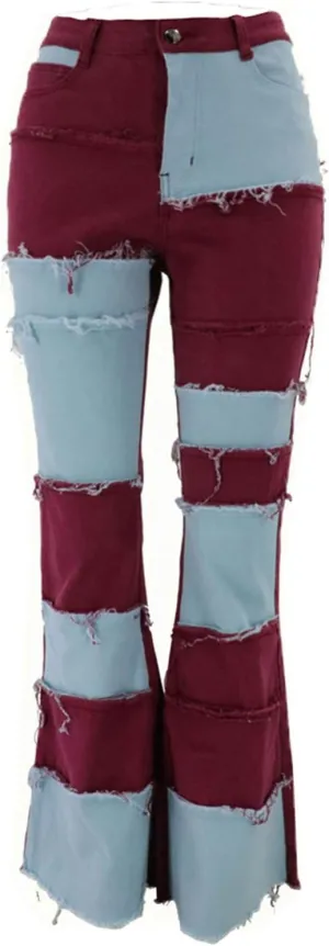 FOURSTEEDS Women's High Waist Patchwork Flared Jeans Hippie Color Blocked Distressed Bells Bottom Denim Pants