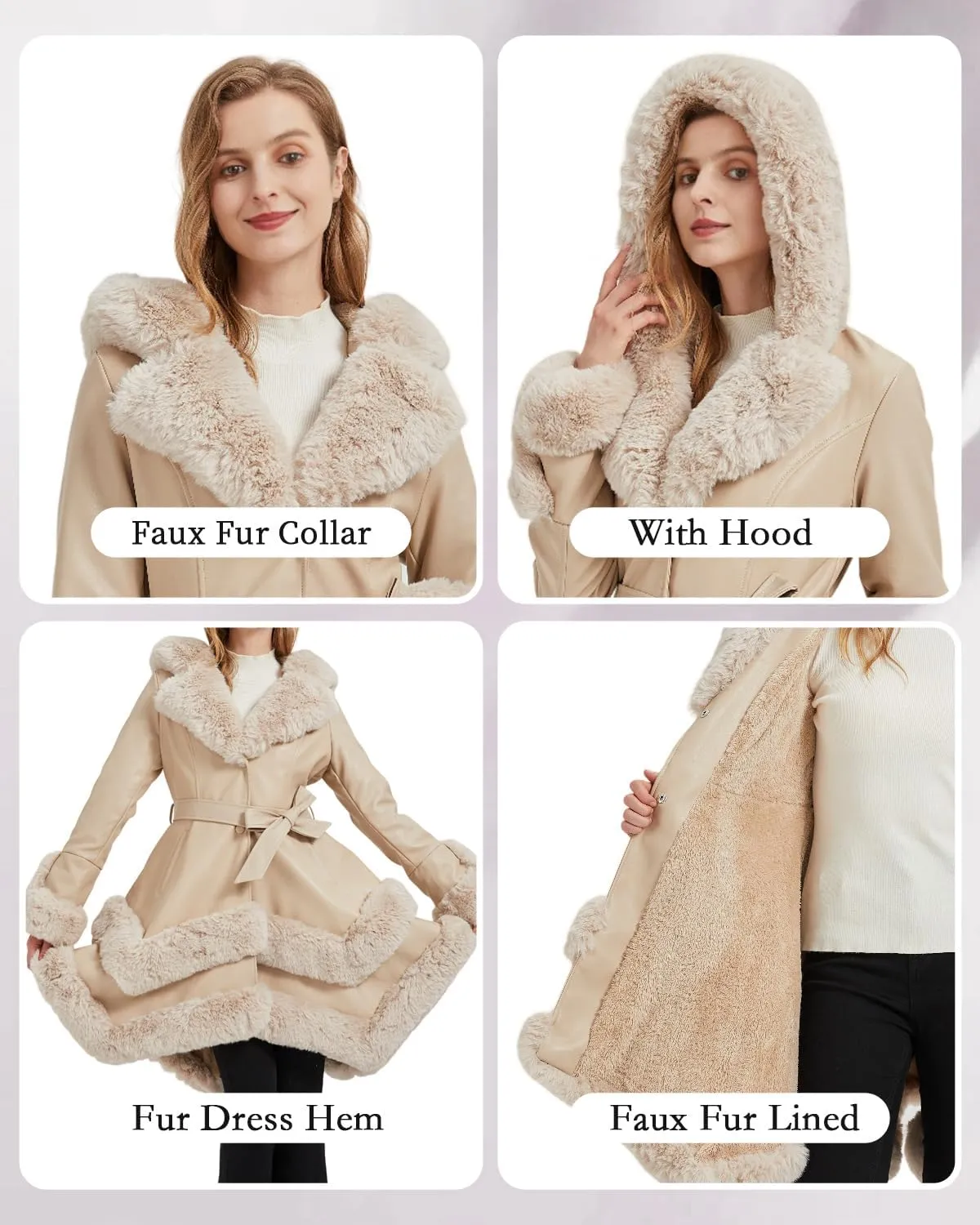 GRAN ORIENTE Fashion Faux Leather and Fur Jacket,Winter Sexy Collar Parka Coat Dress for Women with Belt and Hood