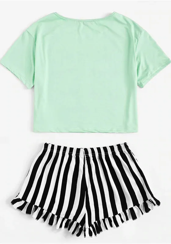 Graphic Tee Frilled Striped Shorts PJ Set