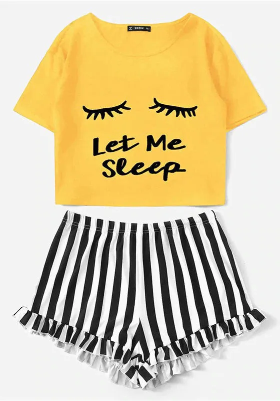 Graphic Tee Frilled Striped Shorts PJ Set